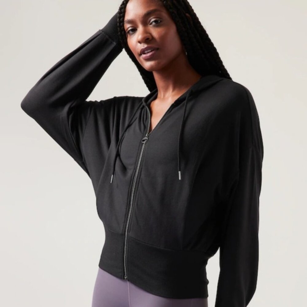 Athleta Balance Hoodie, Black Hooded Zip-Up Jacket Women's Size XXS
